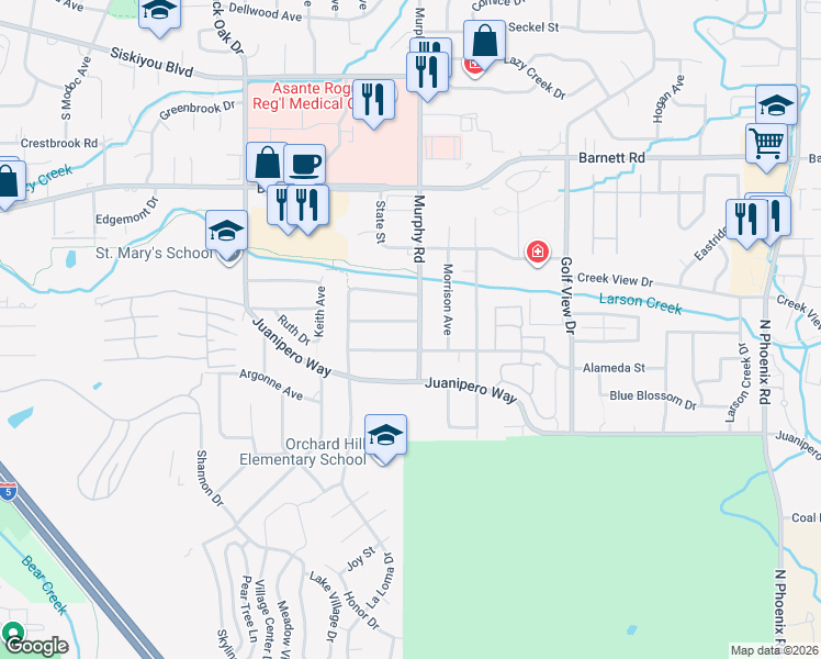 map of restaurants, bars, coffee shops, grocery stores, and more near 2857 Alameda Street in Medford