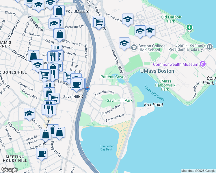 map of restaurants, bars, coffee shops, grocery stores, and more near 64 Grampian Way in Boston