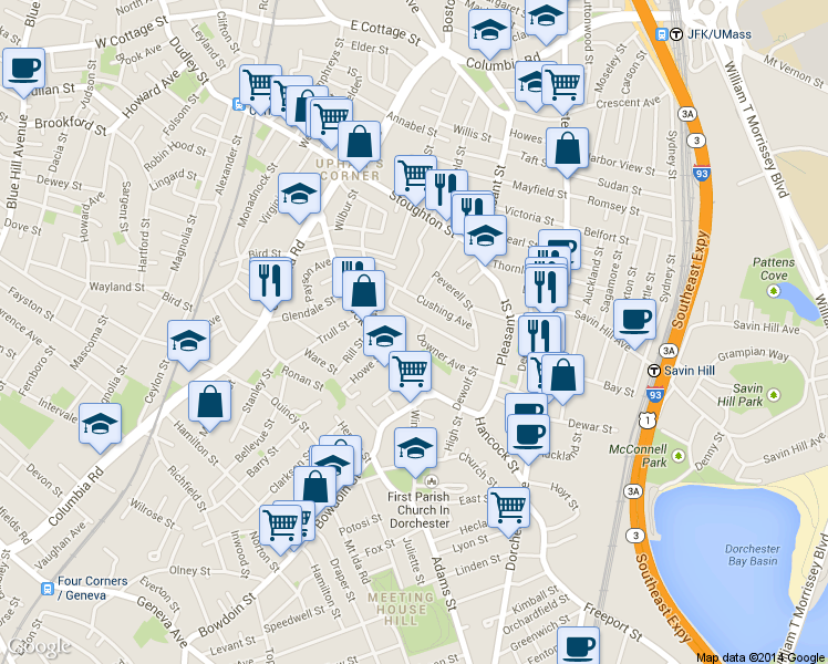 map of restaurants, bars, coffee shops, grocery stores, and more near 60 Downer Avenue in Boston