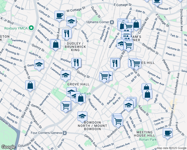 map of restaurants, bars, coffee shops, grocery stores, and more near 266 Quincy Street in Boston
