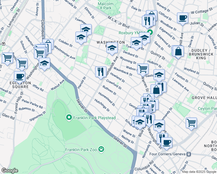 map of restaurants, bars, coffee shops, grocery stores, and more near 156 Ruthven Street in Boston