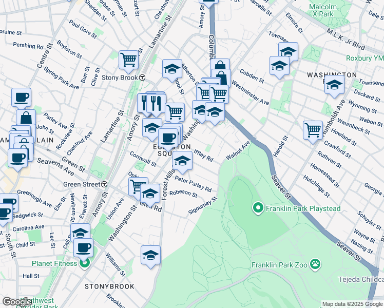 map of restaurants, bars, coffee shops, grocery stores, and more near 70 Montebello Road in Boston