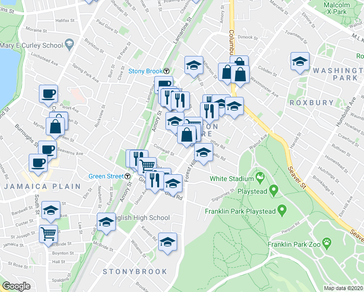 map of restaurants, bars, coffee shops, grocery stores, and more near 6 Haverford Street in Boston