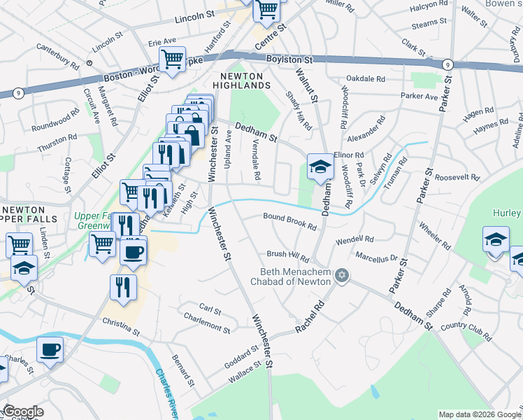 map of restaurants, bars, coffee shops, grocery stores, and more near 98 Bound Brook Road in Newton
