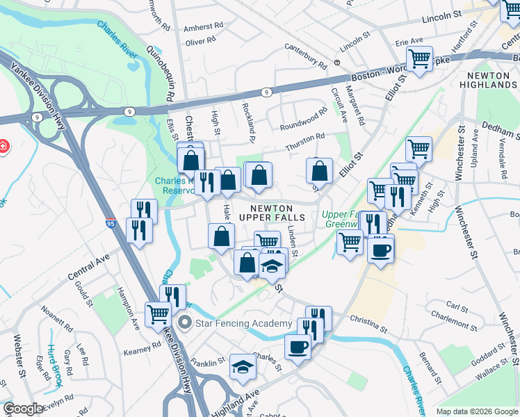 map of restaurants, bars, coffee shops, grocery stores, and more near 23 Oak Street in Newton