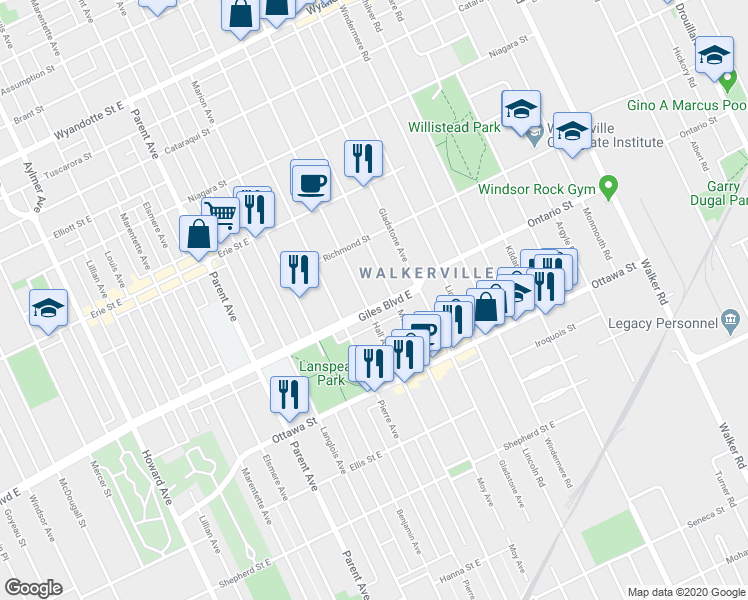 map of restaurants, bars, coffee shops, grocery stores, and more near in Windsor