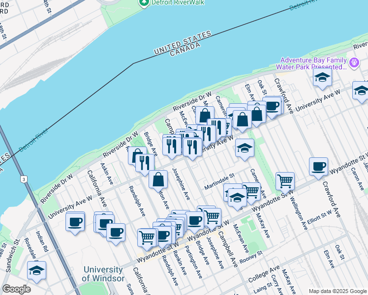 map of restaurants, bars, coffee shops, grocery stores, and more near in Windsor