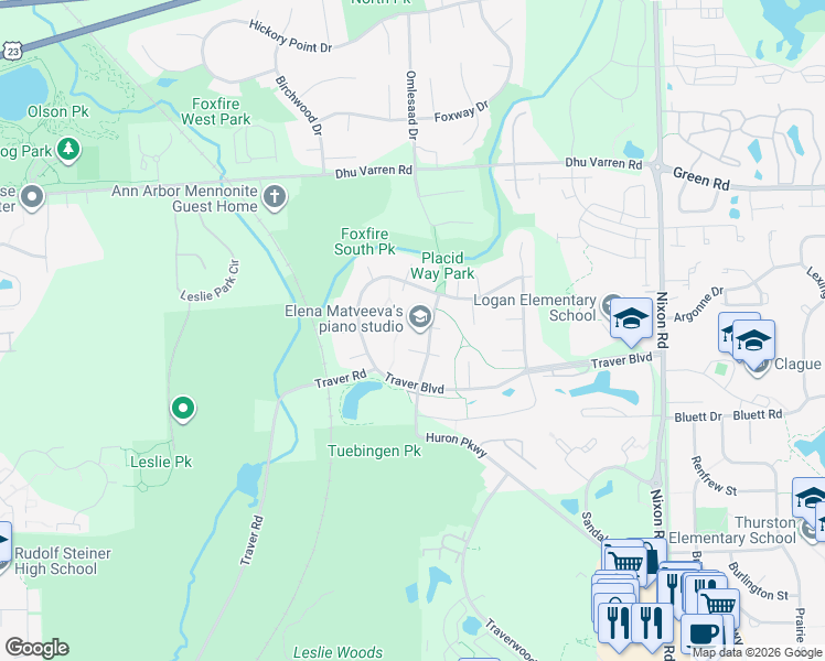 map of restaurants, bars, coffee shops, grocery stores, and more near 2745 Tuebingen Parkway in Ann Arbor