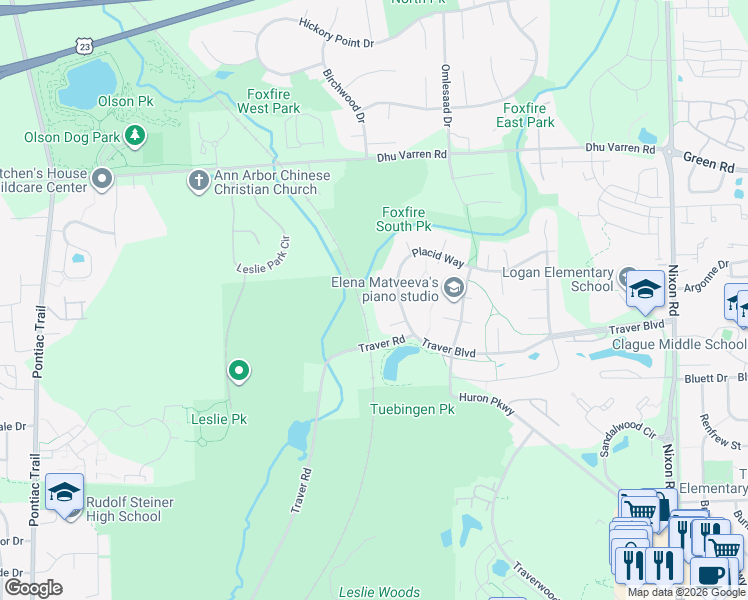map of restaurants, bars, coffee shops, grocery stores, and more near 2295 Traver Road in Ann Arbor