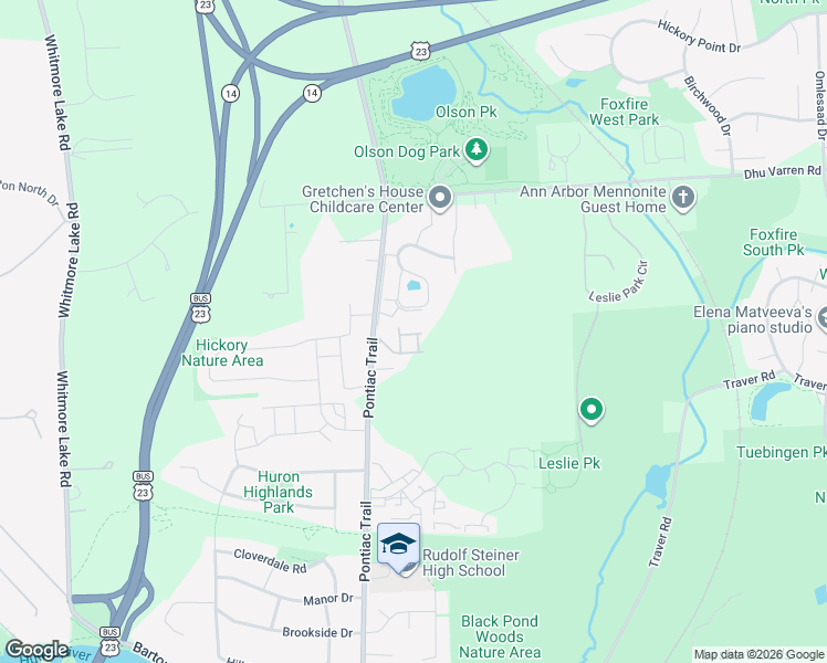 map of restaurants, bars, coffee shops, grocery stores, and more near 2710 Pontiac Trail in Ann Arbor