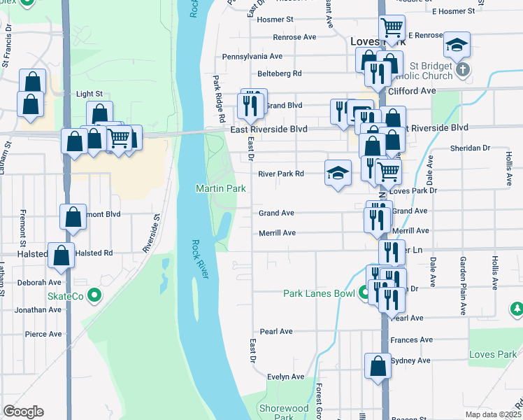 map of restaurants, bars, coffee shops, grocery stores, and more near 5541 East Drive in Loves Park