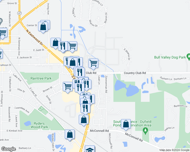 map of restaurants, bars, coffee shops, grocery stores, and more near 300 Leah Lane in Woodstock