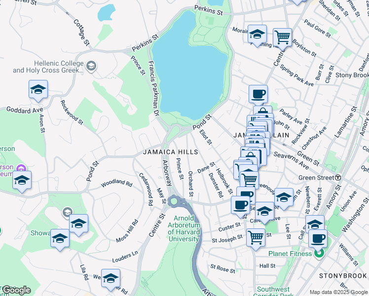 map of restaurants, bars, coffee shops, grocery stores, and more near 90 Orchard Street in Boston