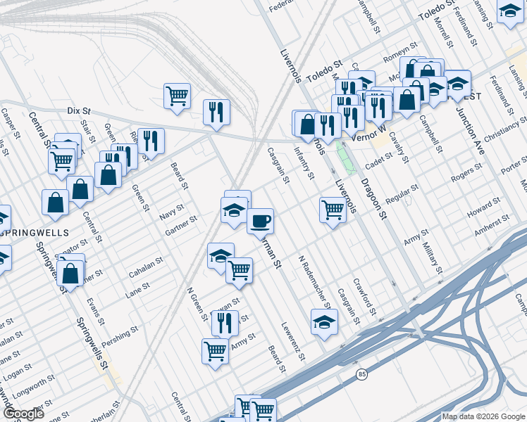 map of restaurants, bars, coffee shops, grocery stores, and more near 1700 Waterman Street in Detroit