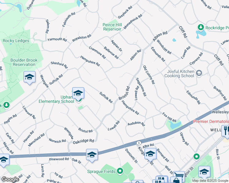 map of restaurants, bars, coffee shops, grocery stores, and more near 62 Hampshire Road in Wellesley