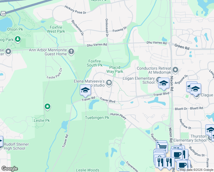 map of restaurants, bars, coffee shops, grocery stores, and more near 2745 Tuebingen Parkway in Ann Arbor