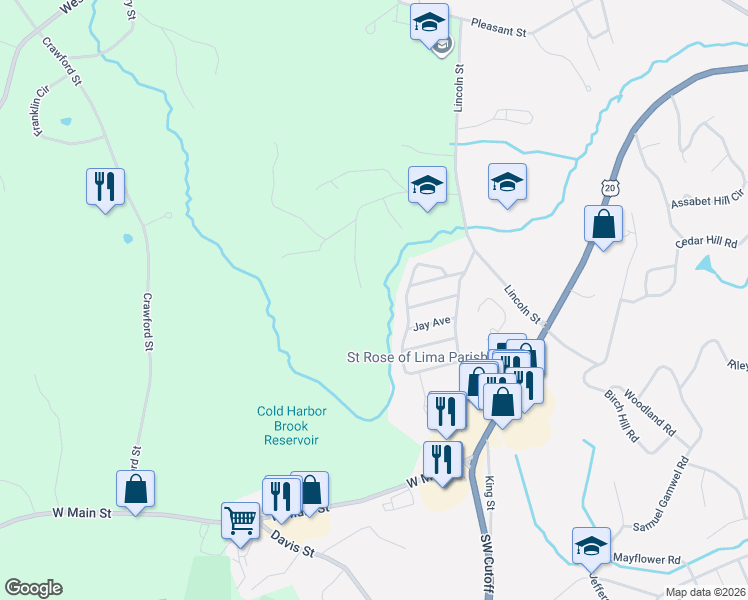 map of restaurants, bars, coffee shops, grocery stores, and more near 69 Oak Avenue in Northborough