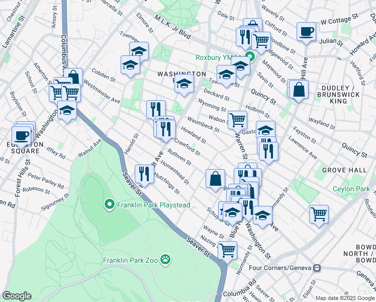 map of restaurants, bars, coffee shops, grocery stores, and more near 156 Ruthven Street in Boston