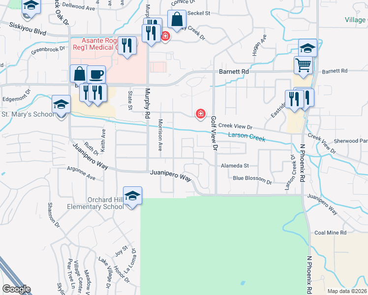 map of restaurants, bars, coffee shops, grocery stores, and more near 3115 Alameda Street in Medford