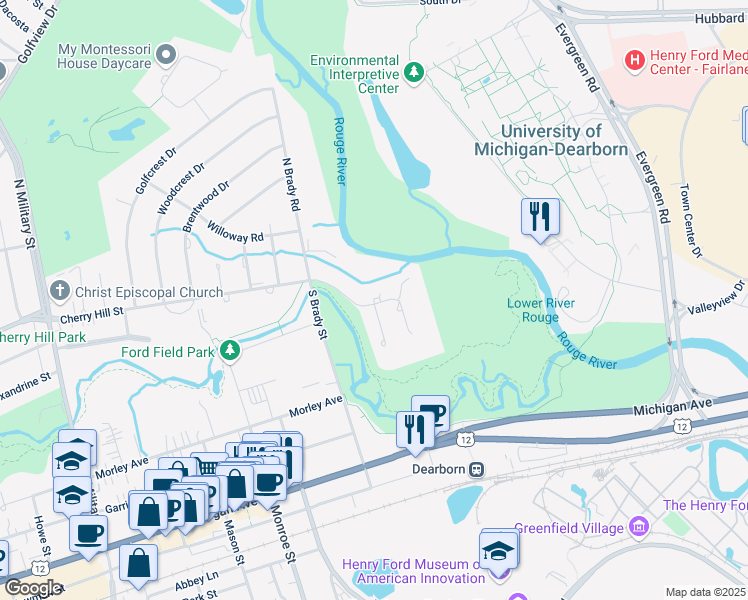 map of restaurants, bars, coffee shops, grocery stores, and more near 8 West Lane Court in Dearborn