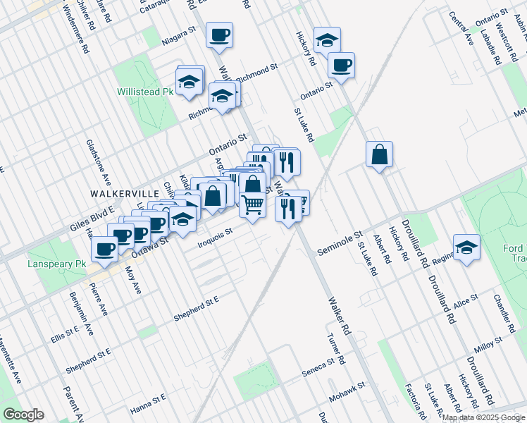 map of restaurants, bars, coffee shops, grocery stores, and more near 1385 Walker Road in Windsor