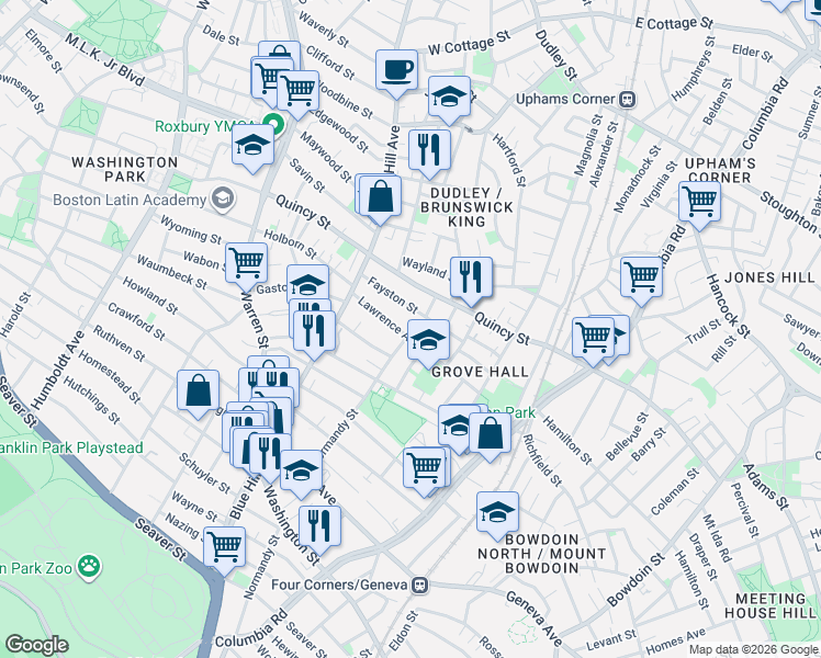 map of restaurants, bars, coffee shops, grocery stores, and more near 47 Lawrence Avenue in Boston