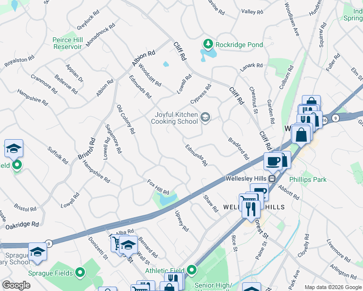 map of restaurants, bars, coffee shops, grocery stores, and more near 46 Edmunds Road in Wellesley
