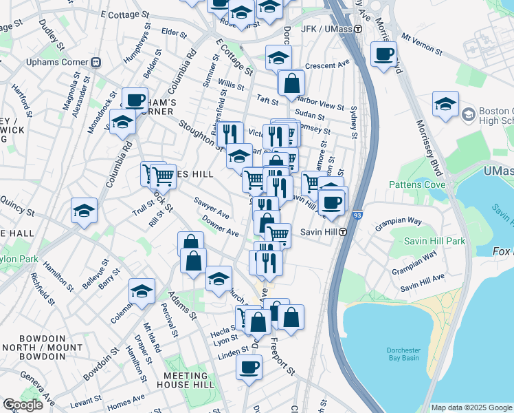 map of restaurants, bars, coffee shops, grocery stores, and more near 1133 Dorchester Avenue in Boston