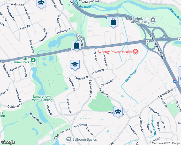 map of restaurants, bars, coffee shops, grocery stores, and more near 189 Cedar Street in Wellesley