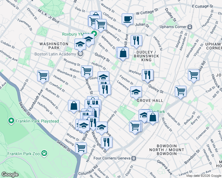 map of restaurants, bars, coffee shops, grocery stores, and more near 370A Blue Hill Avenue in Boston