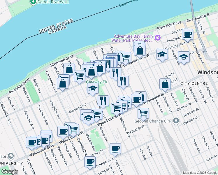 map of restaurants, bars, coffee shops, grocery stores, and more near 411 Wellington Avenue in Windsor