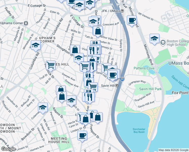map of restaurants, bars, coffee shops, grocery stores, and more near 81 Auckland Street in Boston