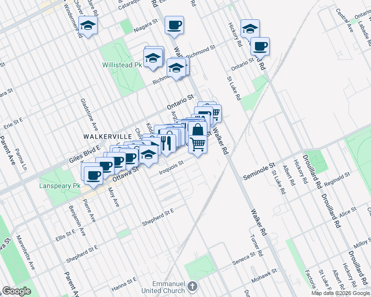 map of restaurants, bars, coffee shops, grocery stores, and more near 2075 Ottawa Street in Windsor