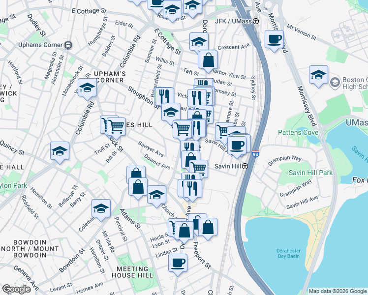 map of restaurants, bars, coffee shops, grocery stores, and more near 1133 Dorchester Avenue in Boston