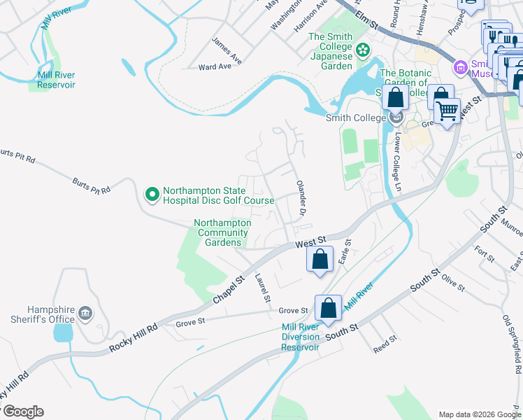 map of restaurants, bars, coffee shops, grocery stores, and more near 50 Village Hill Road in Northampton
