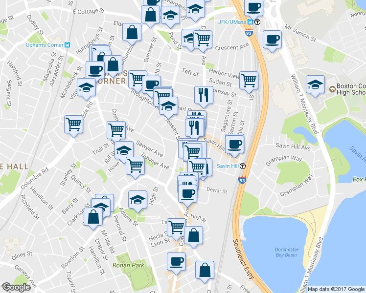map of restaurants, bars, coffee shops, grocery stores, and more near 1133 Dorchester Avenue in Boston