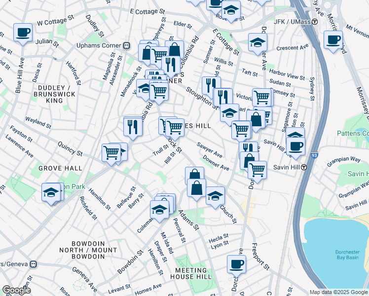 map of restaurants, bars, coffee shops, grocery stores, and more near 113 Hancock Street in Boston