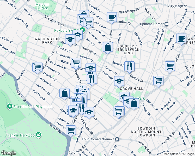 map of restaurants, bars, coffee shops, grocery stores, and more near 370A Blue Hill Avenue in Boston