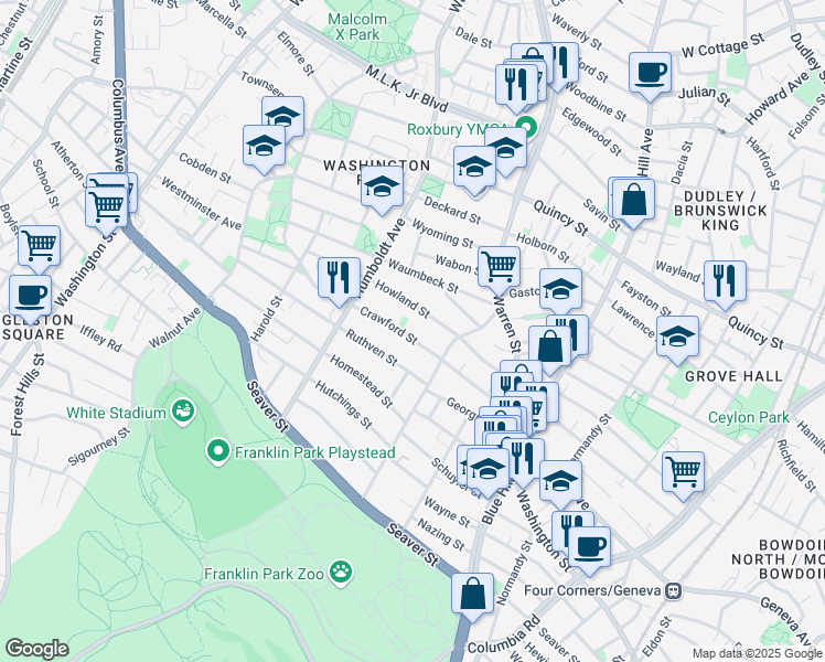 map of restaurants, bars, coffee shops, grocery stores, and more near 45 Crawford Street in Boston