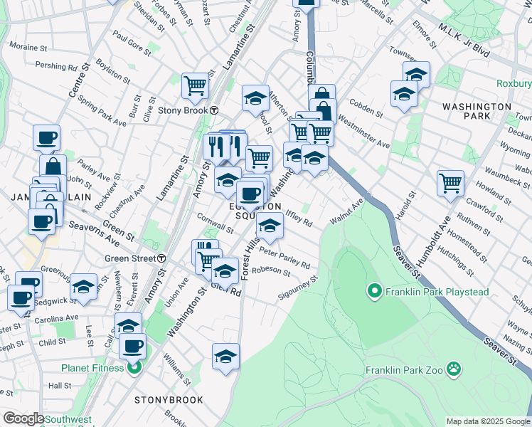 map of restaurants, bars, coffee shops, grocery stores, and more near 10 Forest Hills Street in Boston