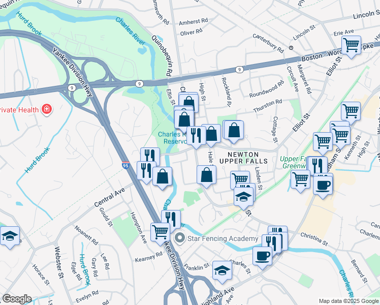 map of restaurants, bars, coffee shops, grocery stores, and more near 1075 Chestnut Street in Newton