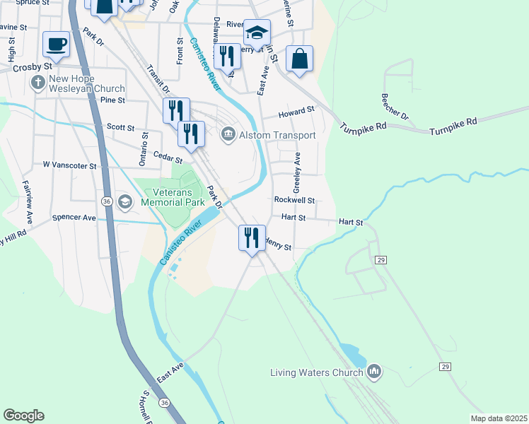 map of restaurants, bars, coffee shops, grocery stores, and more near 216 East Avenue Extension in Hornell