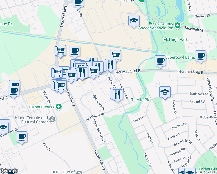 map of restaurants, bars, coffee shops, grocery stores, and more near 2601 Lauzon Road in Windsor