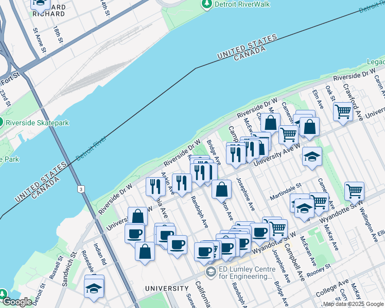 map of restaurants, bars, coffee shops, grocery stores, and more near in Windsor