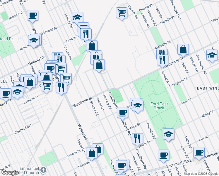 map of restaurants, bars, coffee shops, grocery stores, and more near 1594 Drouillard Road in Windsor
