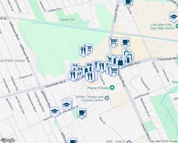 map of restaurants, bars, coffee shops, grocery stores, and more near 6800 Tecumseh Road East in Windsor