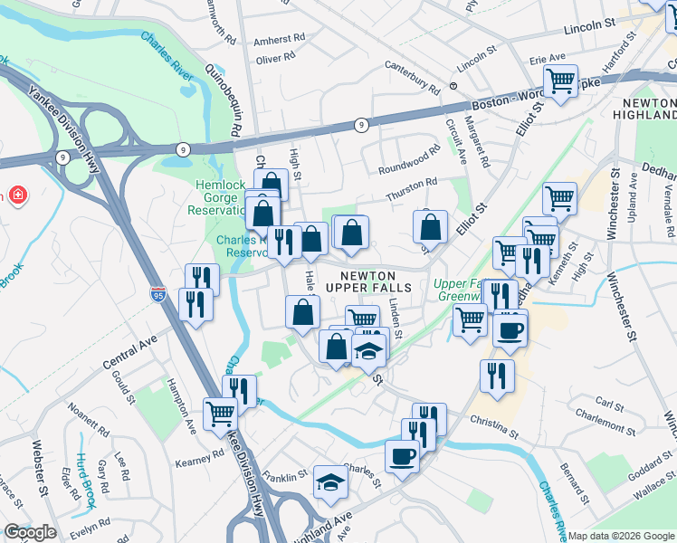 map of restaurants, bars, coffee shops, grocery stores, and more near 23 Oak Street in Newton