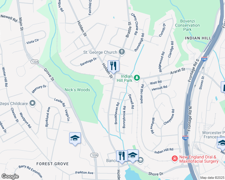 map of restaurants, bars, coffee shops, grocery stores, and more near 158 Holden Street in Worcester