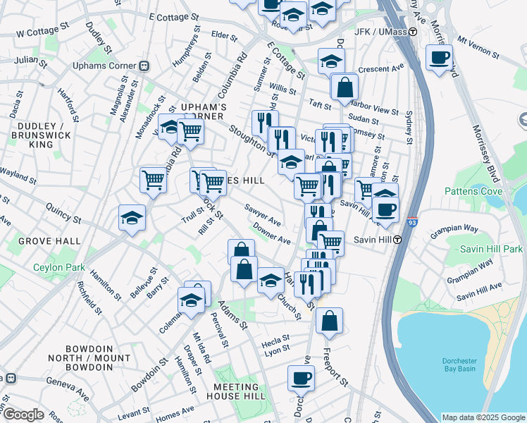 map of restaurants, bars, coffee shops, grocery stores, and more near 56 Sawyer Avenue in Boston