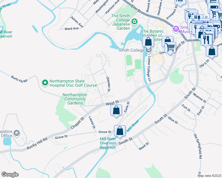 map of restaurants, bars, coffee shops, grocery stores, and more near 39 Olander Drive in Northampton